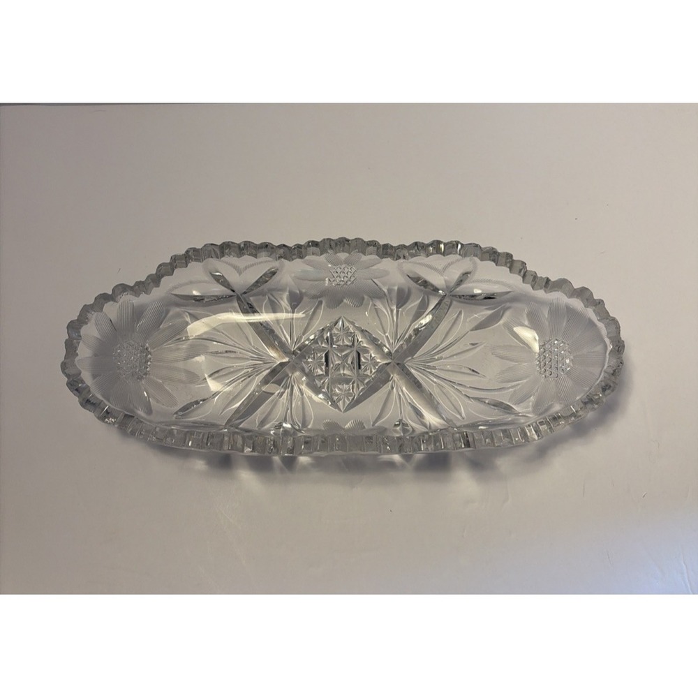 American Brilliant Period Glass Daisy Floral Diamond Pattern OVAL Relish Dish